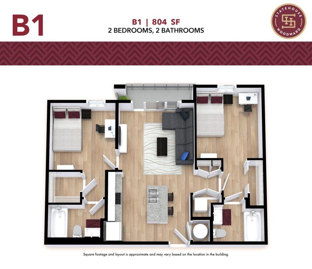 Statehouse Tallahassee B1 2-bedroom floor plan