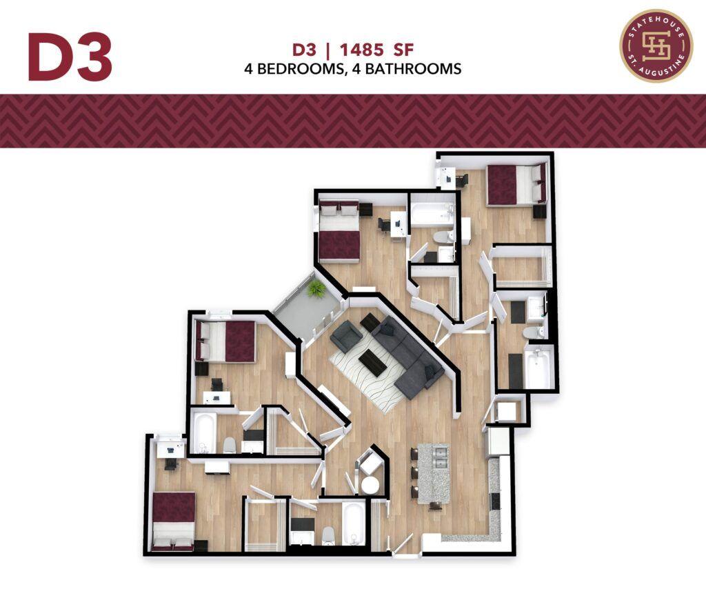 Statehouse Tallahassee D3 4-bedroom student apartment floor plan